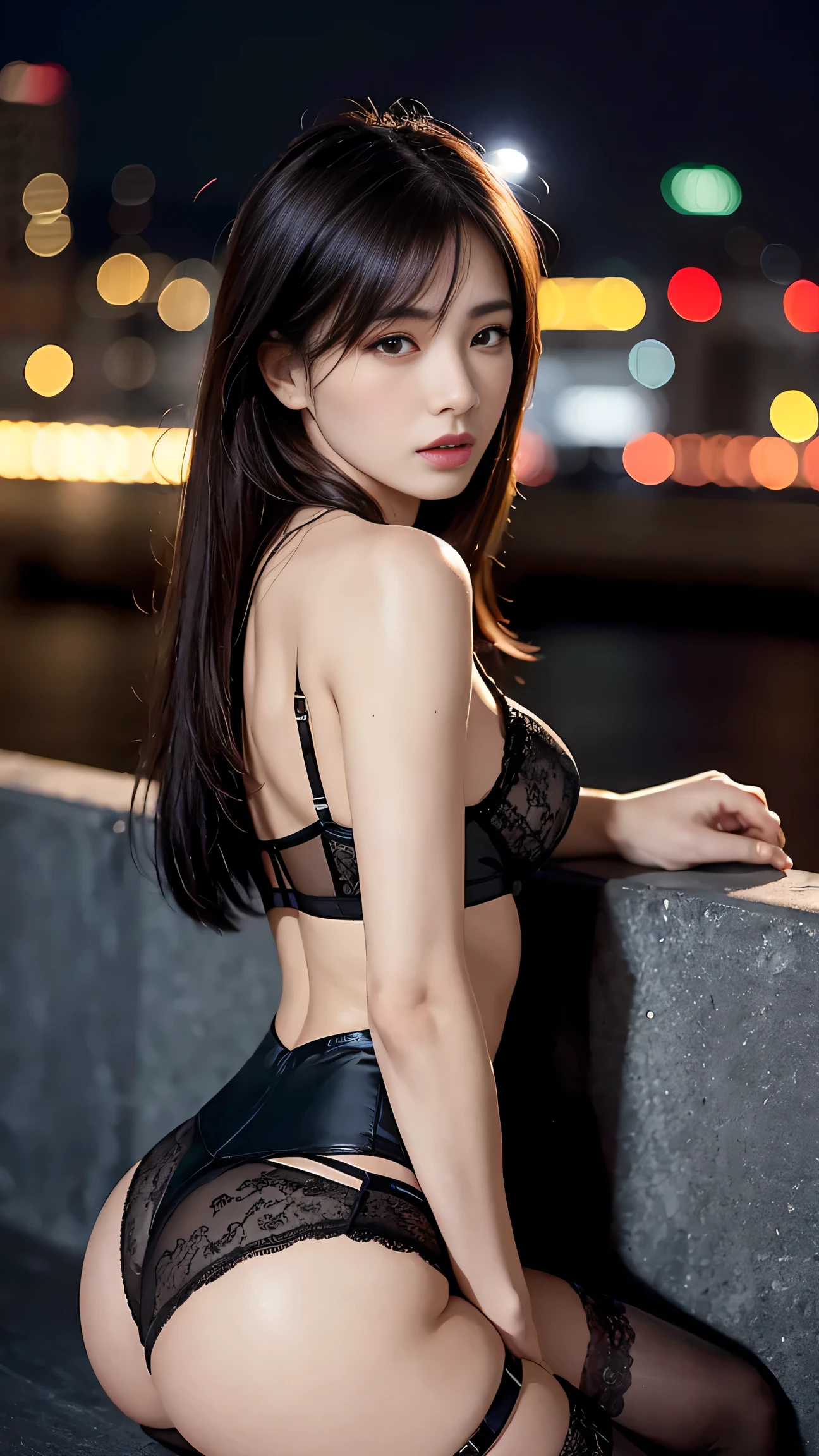 alone, (High cut T-back T-front police lingerie, Female police officer), stockings, City lights, (Looking at the audience: 1.3), Part your lips, Shiny skin, Skin dents, highest quality, Ultra-high resolution, (realism: 1.4),  