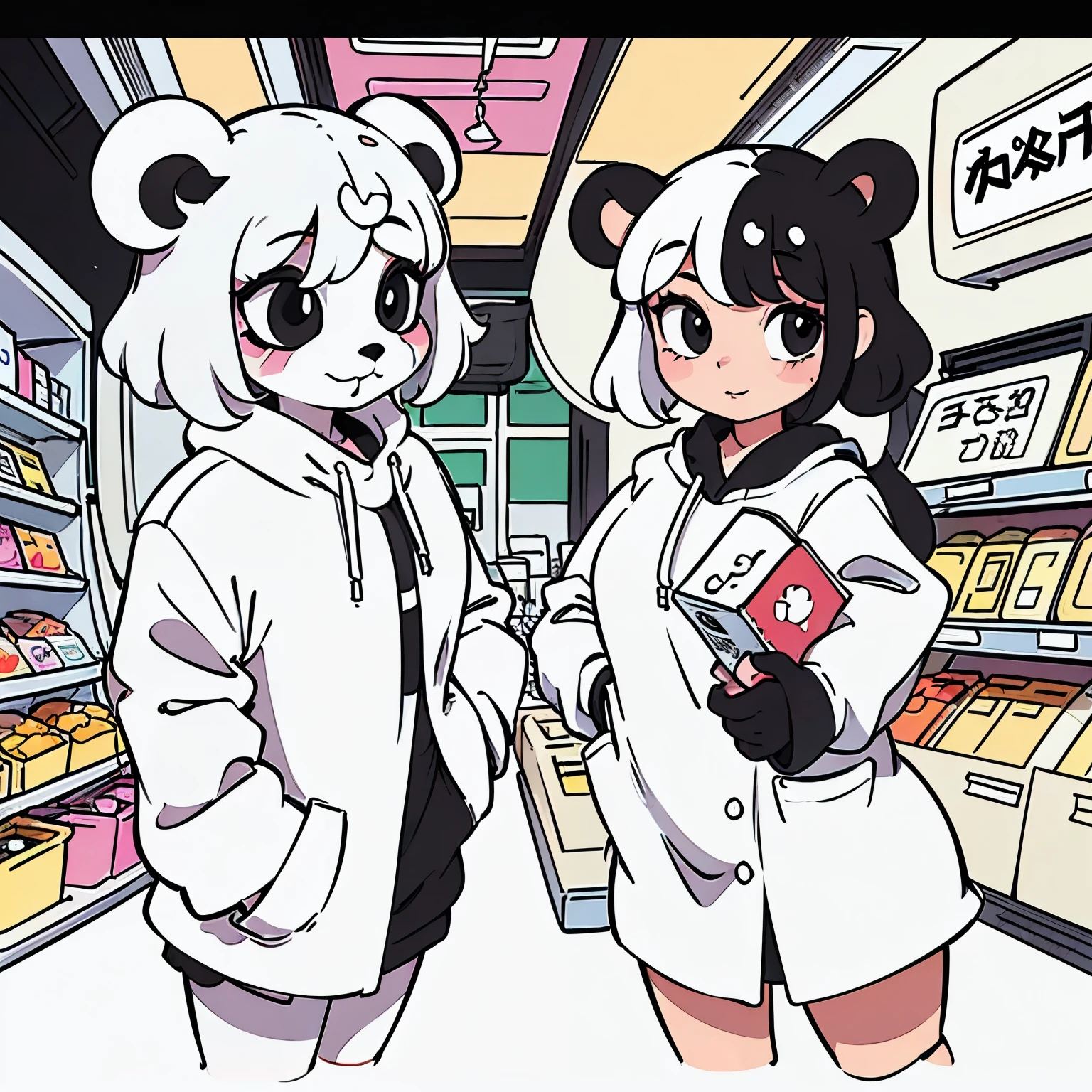 Masterpiece, coloring-book, line art, perfect line art, comic style, anthro pandas shopping, anthropomorphic, black and white