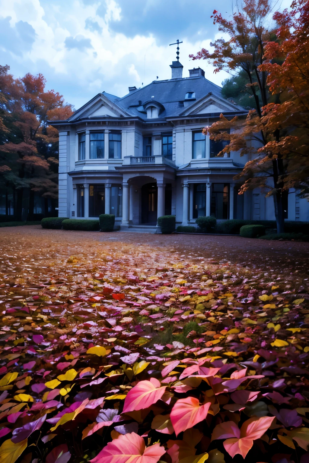 the thick of the forest, late autumn forest, fallen leaves, are trees, fog, red leaves, cloudy day, an old mansion made of white stone, with brown shutters, high quality photorealistic image, 8K, high detail, perfect precision, perfect composition, Elegant and charming, realistic style, gray colors, shadows, clear details, HD quality, higher lighting style, 
