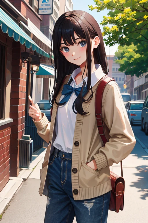 masterpiece, highest quality, High resolution, Very detailed, Detailed Background, Cinema Lighting, One girl, young woman, Wear a white shirt, Brown cardigan, long denim pants , smile, wearing  Backpack, (Backpack:1.0), travel Backpack, Are standing, whole body, Day, Day光, Outdoor