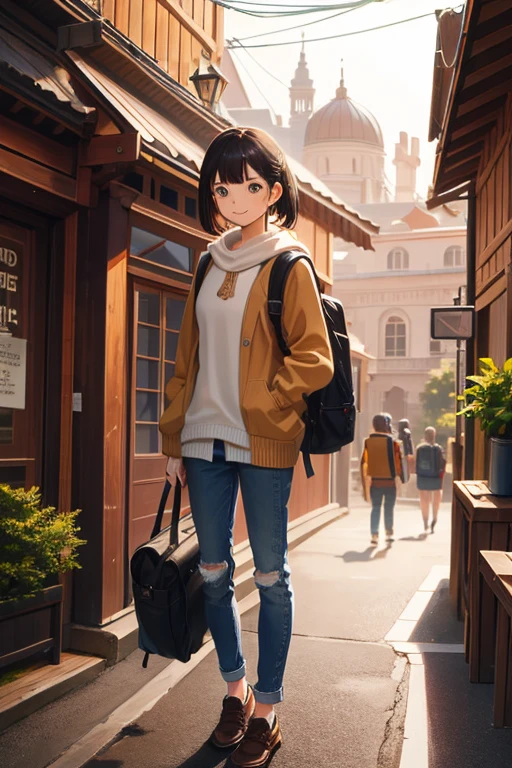 masterpiece, highest quality, High resolution, Very detailed, Detailed Background, Cinema Lighting, One girl, young woman, Wear a white shirt, Brown cardigan, long denim pants , smile, wearing Backpack, (Backpack:1.0), travel Backpack, Are standing, whole body, Day, Day光, Outdoor