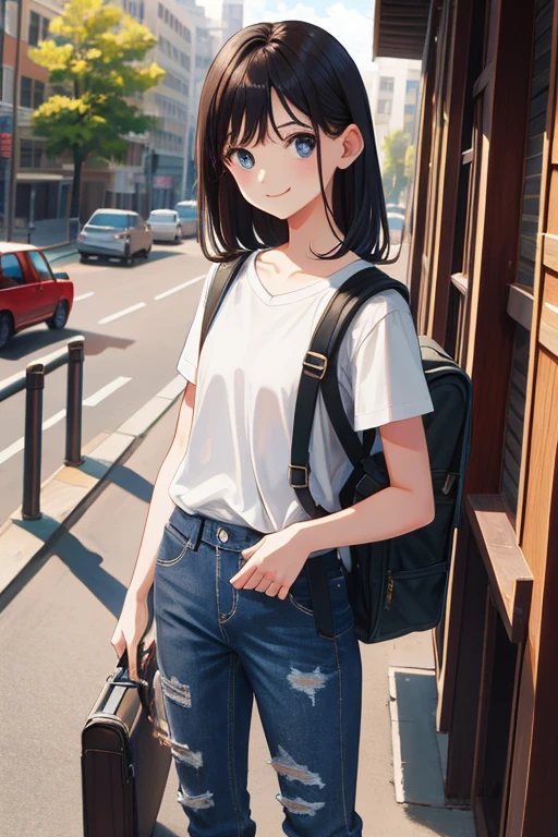 masterpiece, highest quality, High resolution, Very detailed, Detailed Background, Cinema Lighting, One girl, young woman, Wear a white shirt, Brown cardigan, long denim pants , smile, wearing  Backpack, (Backpack:1.0), travel Backpack, Are standing, whole body, Day, Day光, Outdoor