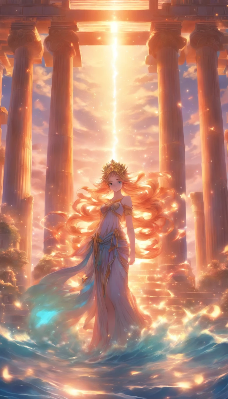 Goddess of Love、Aphrodite、Greek Temple、Twilight、full moon、Has a bow、Highest quality、highest quality