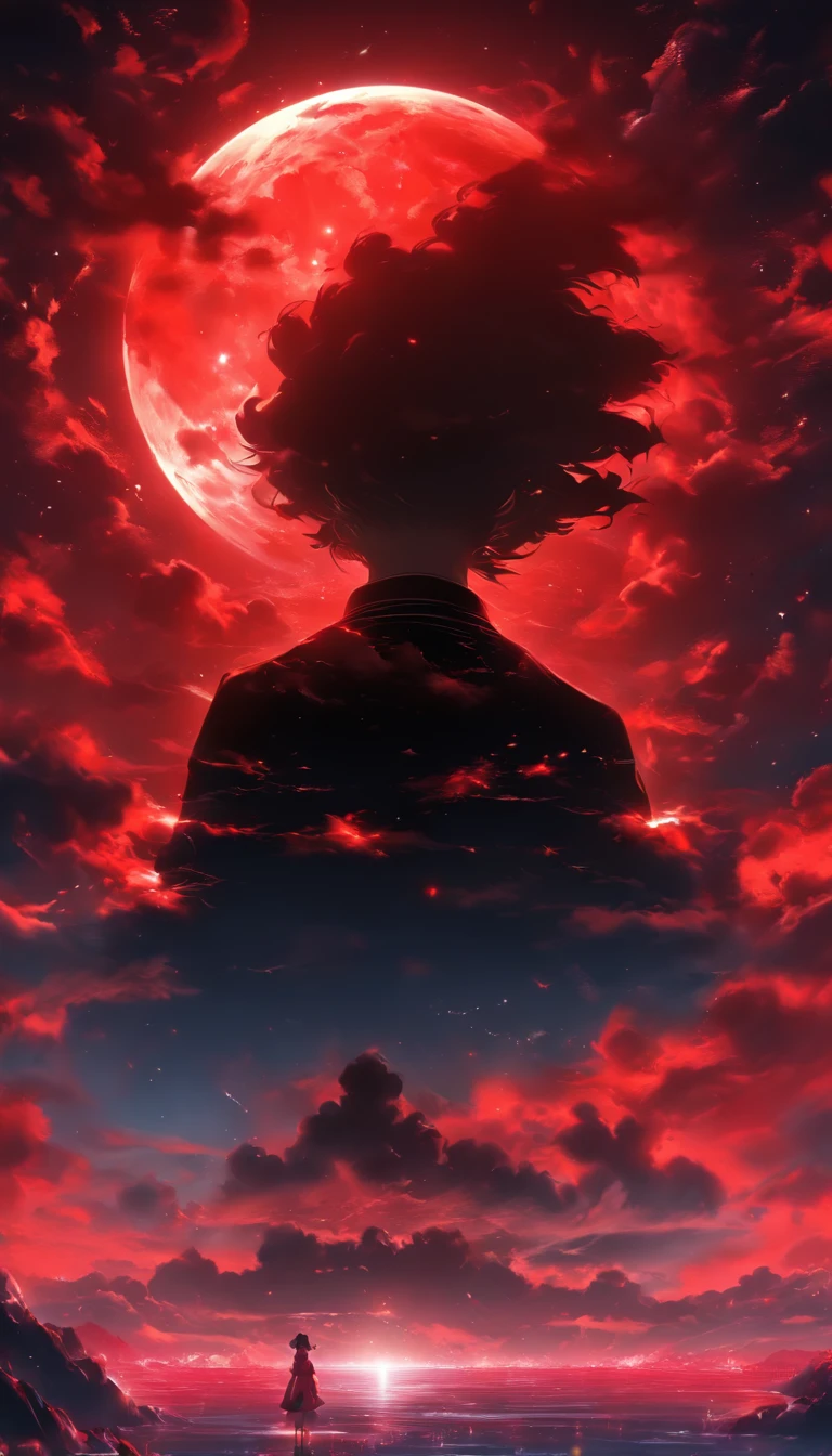 red colour；themoon；the ocean, UHD, highres, 4K,(designed by Ross Tran:0.9) , Digital painting, grand, wide angle of a"Country Love, Sky Beauty", it is Complementary, Celestial equator background, at Nighttime, Sharp and in focus, Regret, Accent lighting, telephoto lens, Monochrome, absurdres, UHD, smooth tones,Red and Black Mode,Stylistic,Psychotic,Insanity,Without,Mountain View
