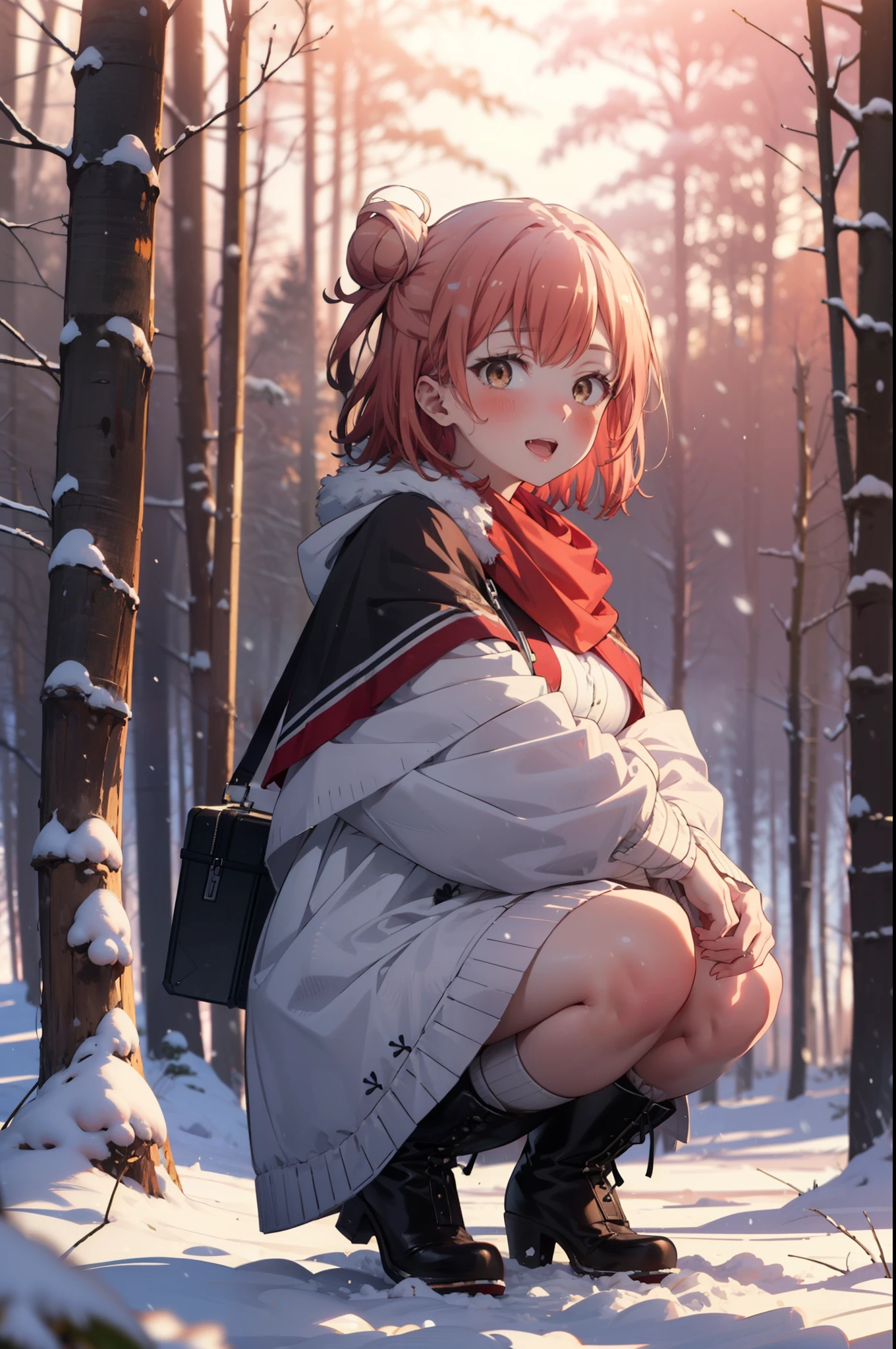 yuiyuigahama, yui yuigahama, short hair, (Brown eyes:1.5), (Pink Hair:1.2), Hair Bun, single Hair Bun, smile, (Big Breasts:1.2),smile,blush,White Breath,
Open your mouth,snow,Bonfire on the ground, Outdoor, boots, snowing, From the side, wood, suitcase, Cape, Blurred, forest, White handbag, nature,  Squat, Mouth closed,Cape, winter, Written boundary depth, Black shoes, red Cape break looking at viewer, Upper Body, whole body, break Outdoor, forest, nature, break (masterpiece:1.2), highest quality, High resolution, unity 8k wallpaper, (shape:0.8), (Beautiful and beautiful eyes:1.6), Highly detailed face, Perfect lighting, Highly detailed CG, (Perfect hands, Perfect Anatomy),