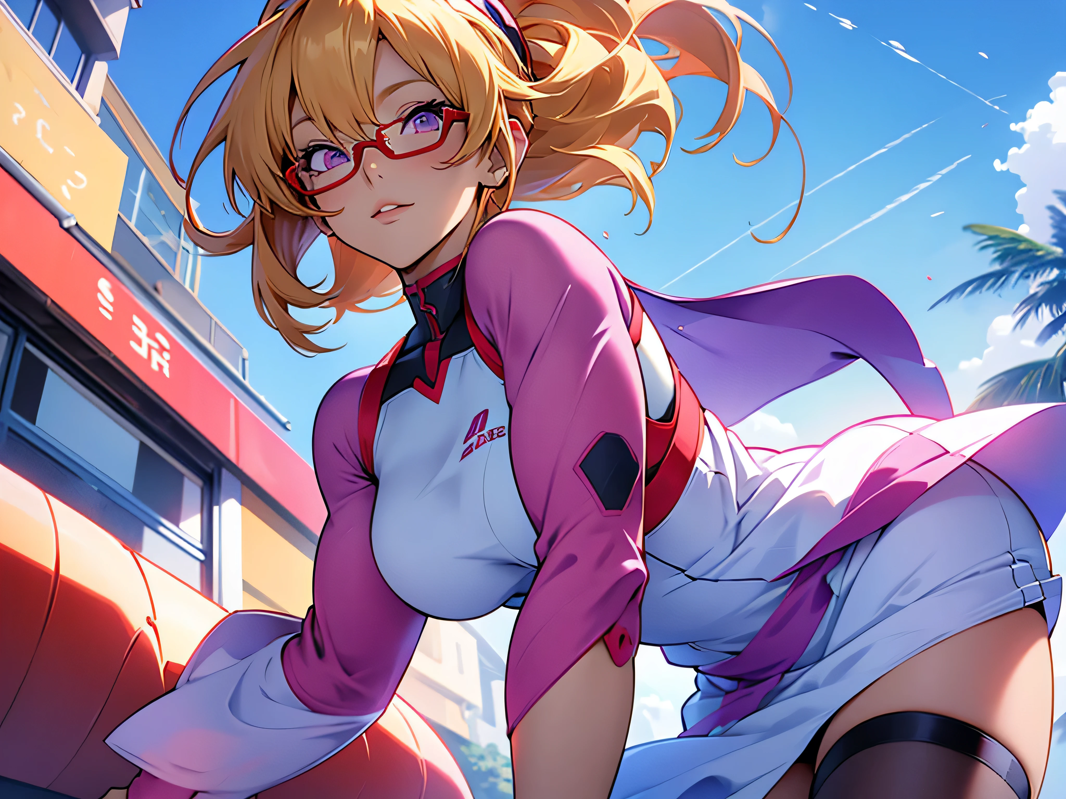 anime,An illustration,purple robot,Mobile Suit,Dom,Light blue check dress,Red glasses,Blonde,Light blue mesh hair,beautiful girl,Sora Sakurano,one person