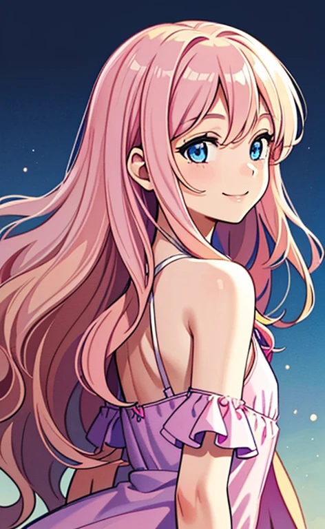 (masterpiece:1.4、top-quality、illustration:1.4,realistic、)、(character focus、,upper body:1.3)、(1girl),(happy smile:1.3),(cute),cute face,blue eyes、(from side:1.3)、
,(stand:1.4),(pink blonde hair),
,(slender),(loose dress:1.3),
(wavy hair:1.3), (flat chest:1.3)、
、slender、