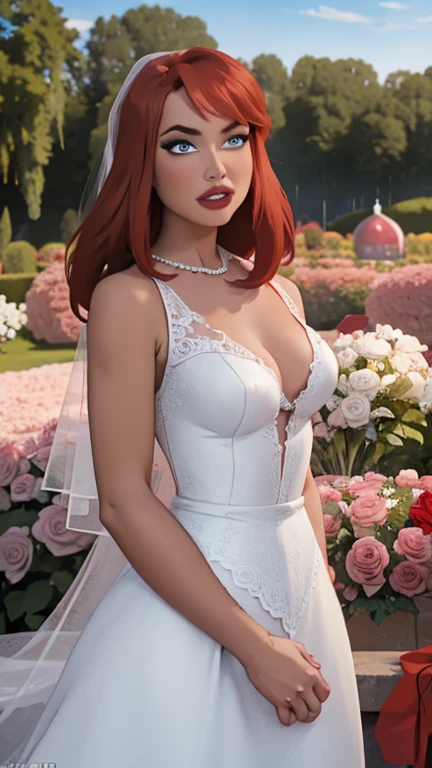 Wedding day, dreamy garden of pink flowers, bride red hair, heavy makeup, eyelashes, red lipstick, crystal blue eyes, high detail white wedding dress, sexy breasts, pink damask roses garden background, amazing sky, waiting  , full body ,  