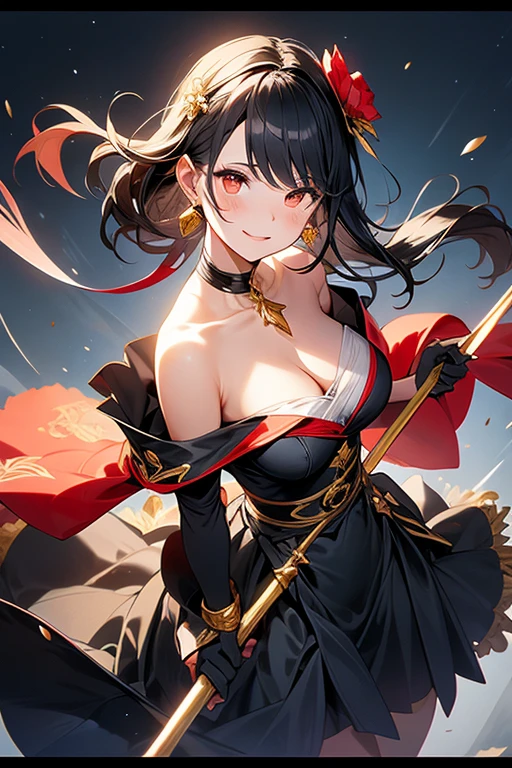  yor briar, anime style beutiful woman, 1girl, happy, smile, with sparkling eyes and a contagious smile:1.1),looking at viewer,red face, closed mouth, beautiful detailed eyes, super detailed skin, backlighting, bare shoulders, black background, black dress, black gloves, black hair, breasts, dress, earrings, fingerless gloves, floating hair, floral print, flower, gloves, gold earrings, gold hairband, hair flower, hair ornament, hairband, holding, holding weapon, jewelry, large breasts, long hair, looking at viewer, off-shoulder dress, off shoulder,red eyes, short hair with long locks, sidelocks, solo, spikes, thighs, two-sided dress, two-sided fabric, weapon, fighting stance , face, close up, from above, highest quality, high resolution. 