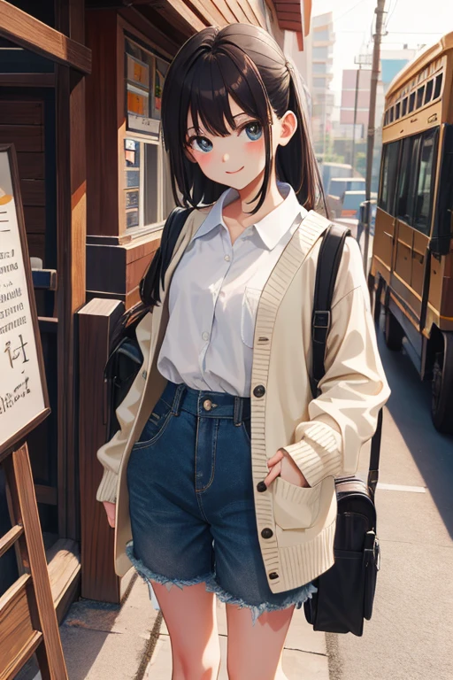 masterpiece, highest quality, High resolution, Very detailed, Detailed Background, Cinema Lighting, One girl, young woman, Wear a white shirt, Brown cardigan, Denim pants ,Shorts、 smile, wearing  Backpack, (Backpack:1.0), travel Backpack, Are standing, whole body, Day, Day光, Outdoor、