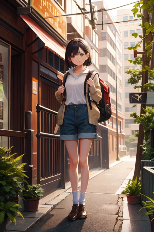 masterpiece, highest quality, High resolution, Very detailed, Detailed Background, Cinema Lighting, One girl, young woman, Wear a white shirt, Brown cardigan, Denim pants ,Shorts、 smile, wearing  Backpack, (Backpack:1.0), travel Backpack, Are standing, whole body, Day, Day光, Outdoor、