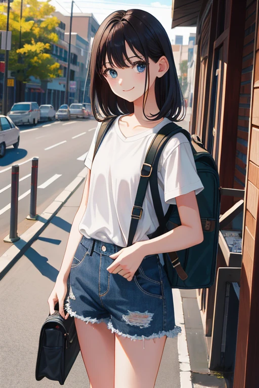 masterpiece, highest quality, High resolution, Very detailed, Detailed Background, Cinema Lighting, One girl, young woman, Wear a white shirt, Brown cardigan, Denim pants ,Shorts、 smile, wearing Backpack, (Backpack:1.0), travel Backpack, Are standing, whole body, Day, Day光, Outdoor、