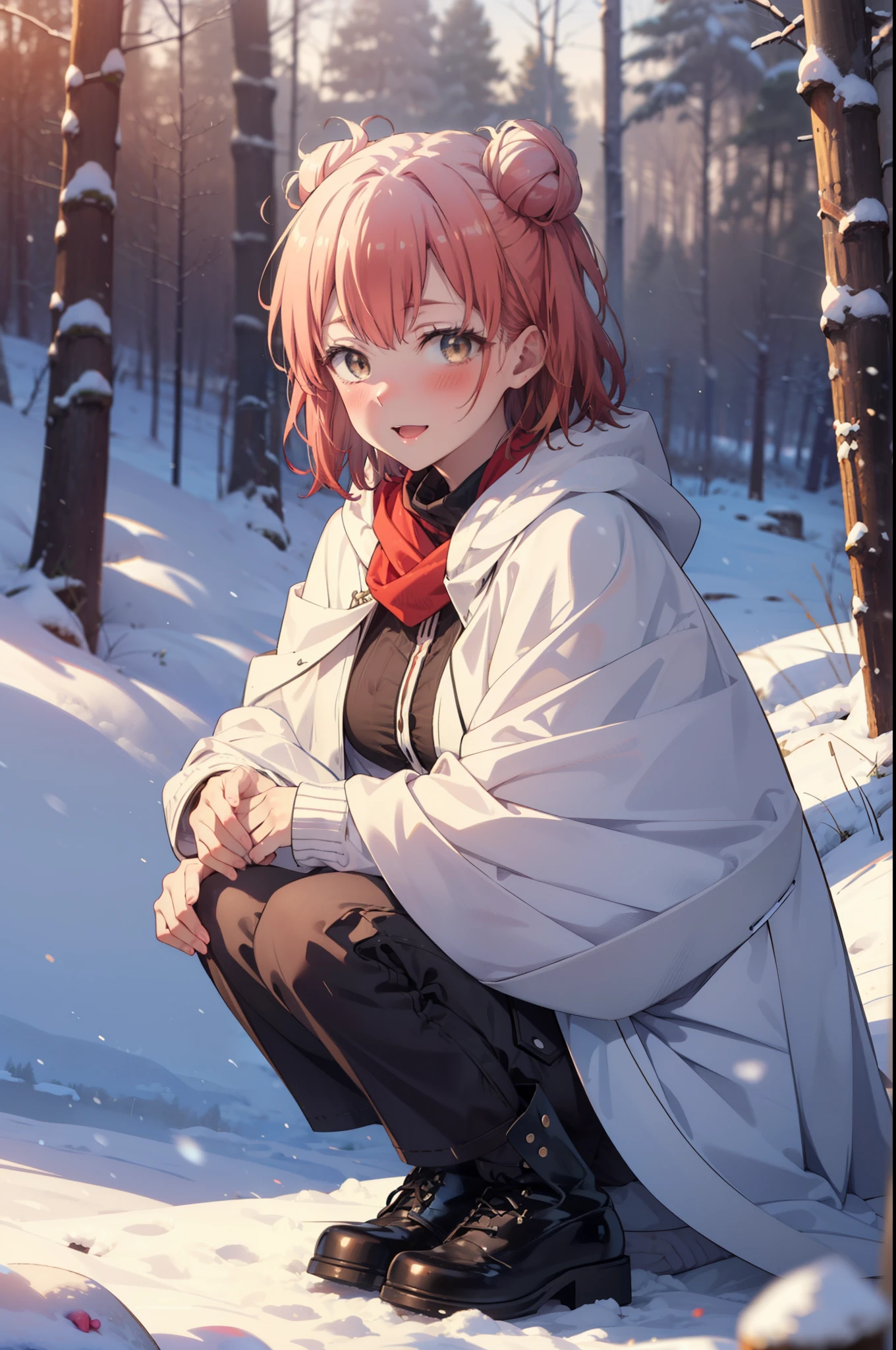 yuiyuigahama, yui yuigahama, short hair, (Brown eyes:1.5), (Pink Hair:1.2), Hair Bun, single Hair Bun, smile, (Big Breasts:1.2),smile,blush,White Breath,
Open your mouth,snow,Bonfire on the ground, Outdoor, boots, snowing, From the side, wood, suitcase, Cape, Blurred, forest, White handbag, nature, Squat, Mouth closed,Cape, winter, Written boundary depth, Black shoes, red Cape break looking at viewer, Upper Body, whole body, break Outdoor, forest, nature, break (masterpiece:1.2), highest quality, High resolution, unity 8k wallpaper, (shape:0.8), (Beautiful and beautiful eyes:1.6), Highly detailed face, Perfect lighting, Highly detailed CG, (Perfect hands, Perfect Anatomy),
