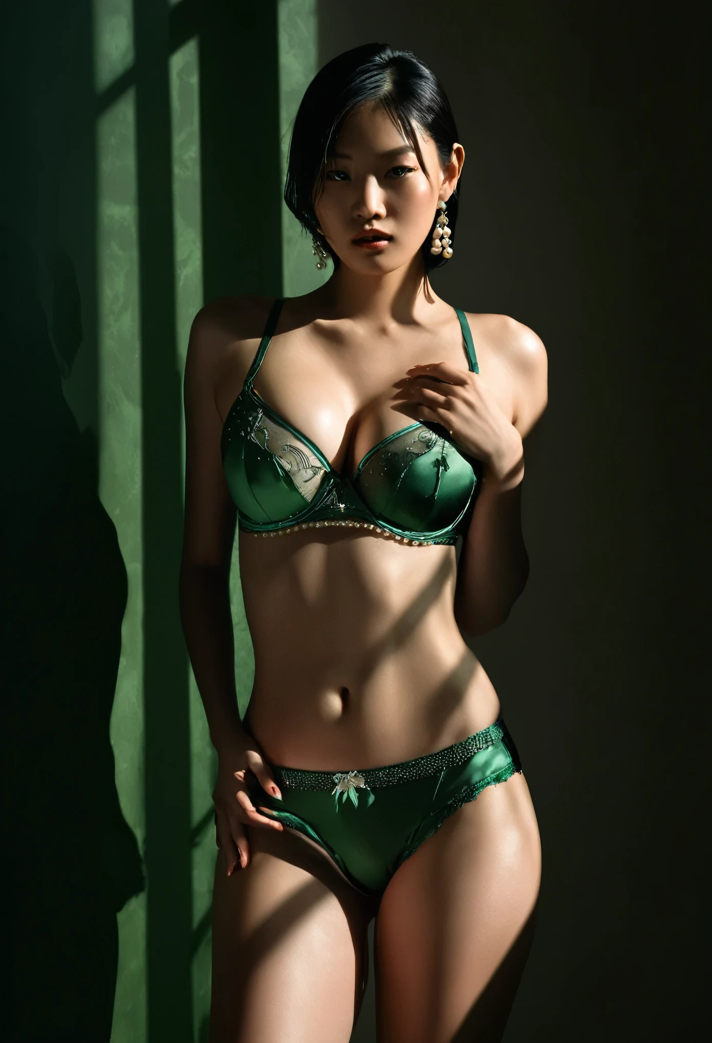 Jijiyi,1 Girl,(Fair_skin:1.2),Light and Shadow,(Dark green tone:0.8),
silk sexy underwear,Large Breasts,Upper Body,professional photography photo,Strong contrast between light and dark,Fashion magazine cover,Interesting tone,Dark bedroom,Against the wall,shadow_Face,Dynamic poses,Watching_exist_Viewer,earrings,jewelry,Pearls and Jewelry,