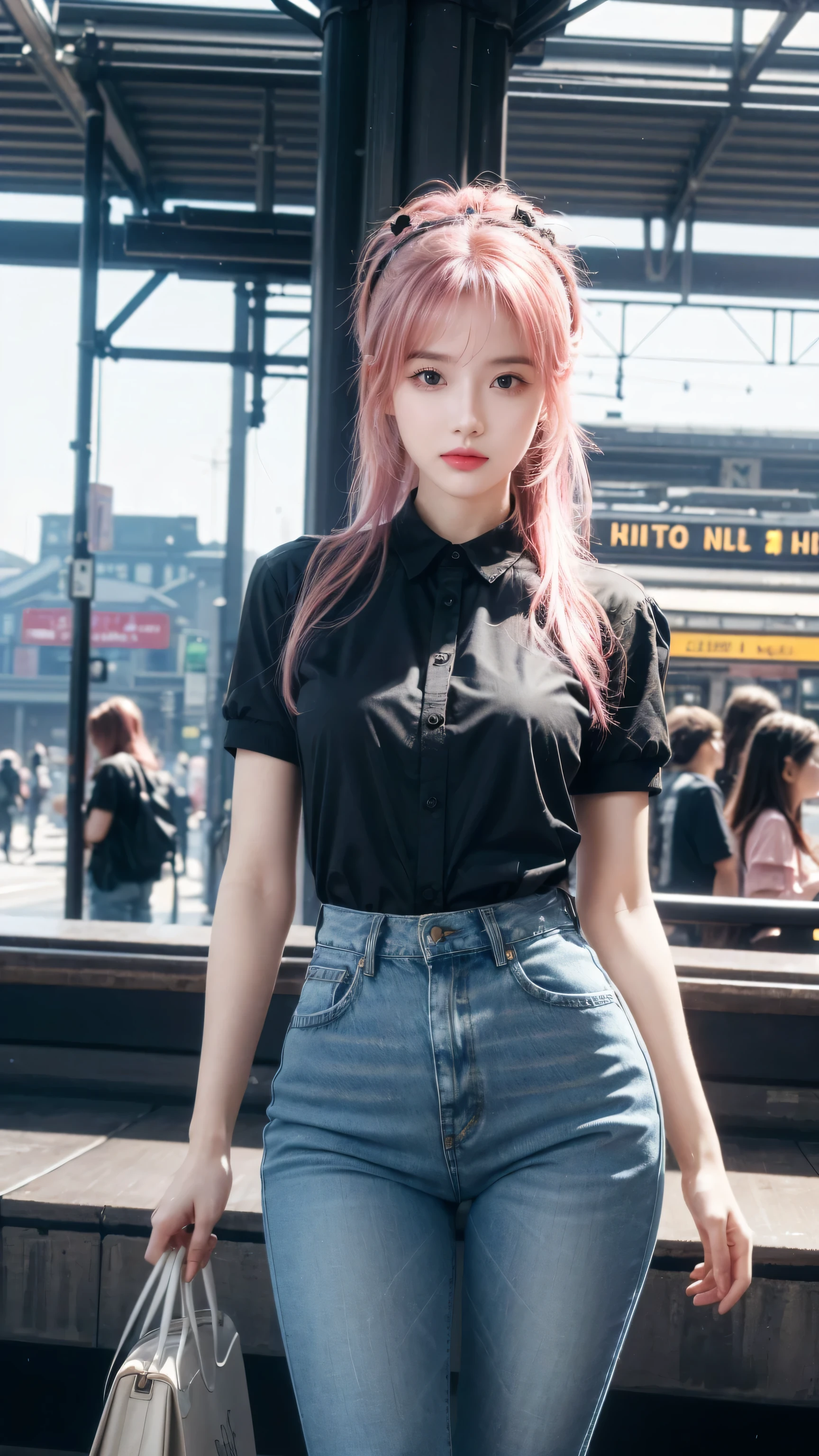 (masterpiece), (best quality), (high resolution), detailed, (Complex detail 1.2), (Hyper detailed 1.4), (Gorgeous digital art 1.2), absurd, 1 Girl, Small Breasts, yes, Hair accessories, Solitary, Pink Hair, (Black shirt:1.3), jeans, (TRAIN STATION:1.2) running, thigh, shortstack,