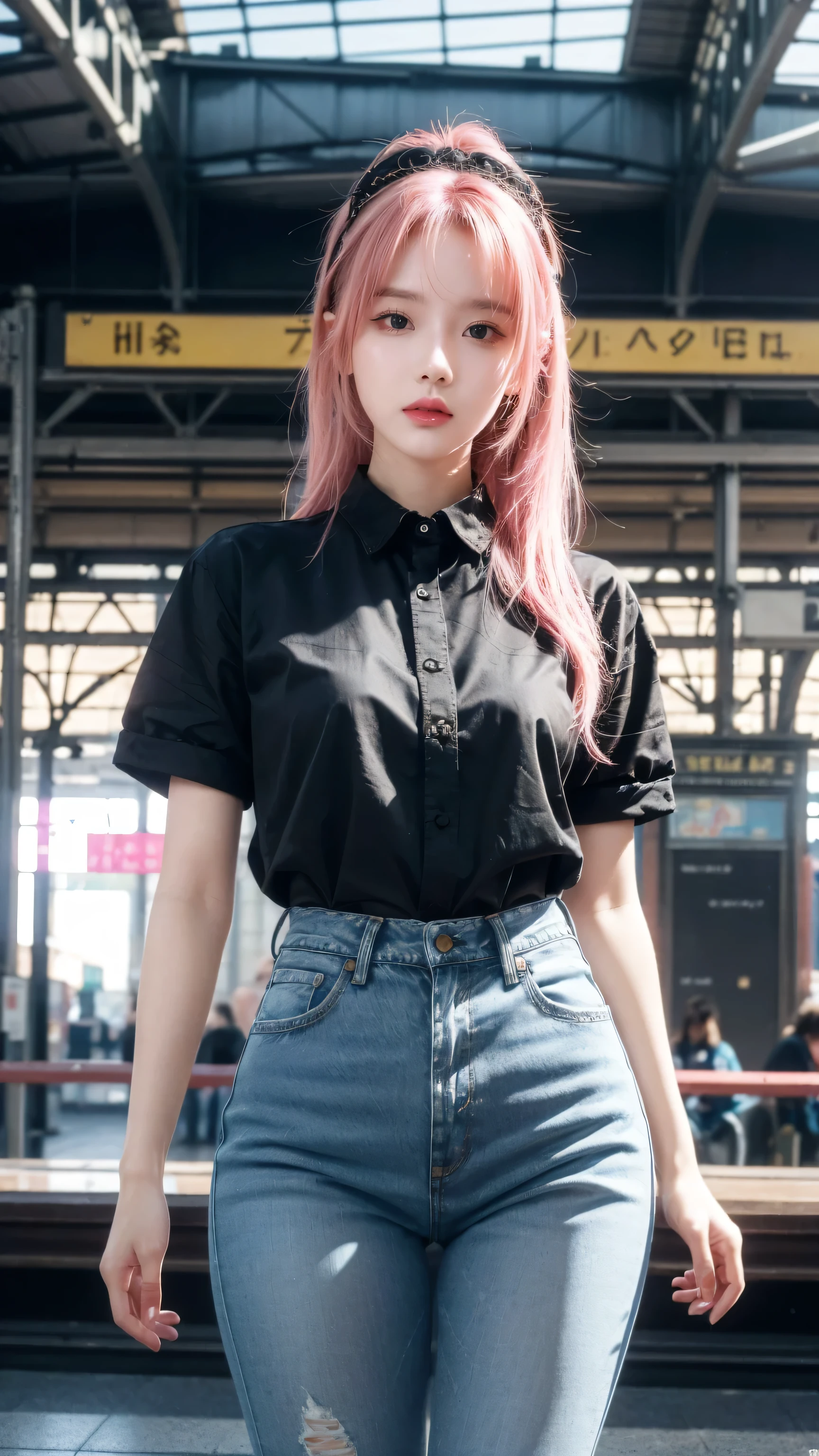 (masterpiece), (best quality), (high resolution), detailed, (Complex detail 1.2), (Hyper detailed 1.4), (Gorgeous digital art 1.2), absurd, 1 Girl, Small Breasts, yes, Hair accessories, Solitary, Pink Hair, (Black shirt:1.3), jeans, (TRAIN STATION:1.2) running, thigh, shortstack,