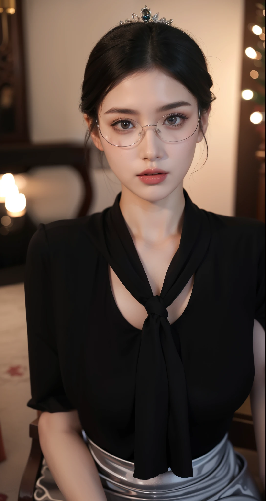 ((best quality)), ((Masterpiece)), (details), perfect face, beautiful body, beautiful face, Teen Girls, perfect body, detailsสูงเป็นพิเศษ, Optical Realism, Intimate atmosphere, light flows, Straight black hair, ponytail, glasses, wear office clothes, black shirt, black skirt, Unbuttoned shirt, black gray background