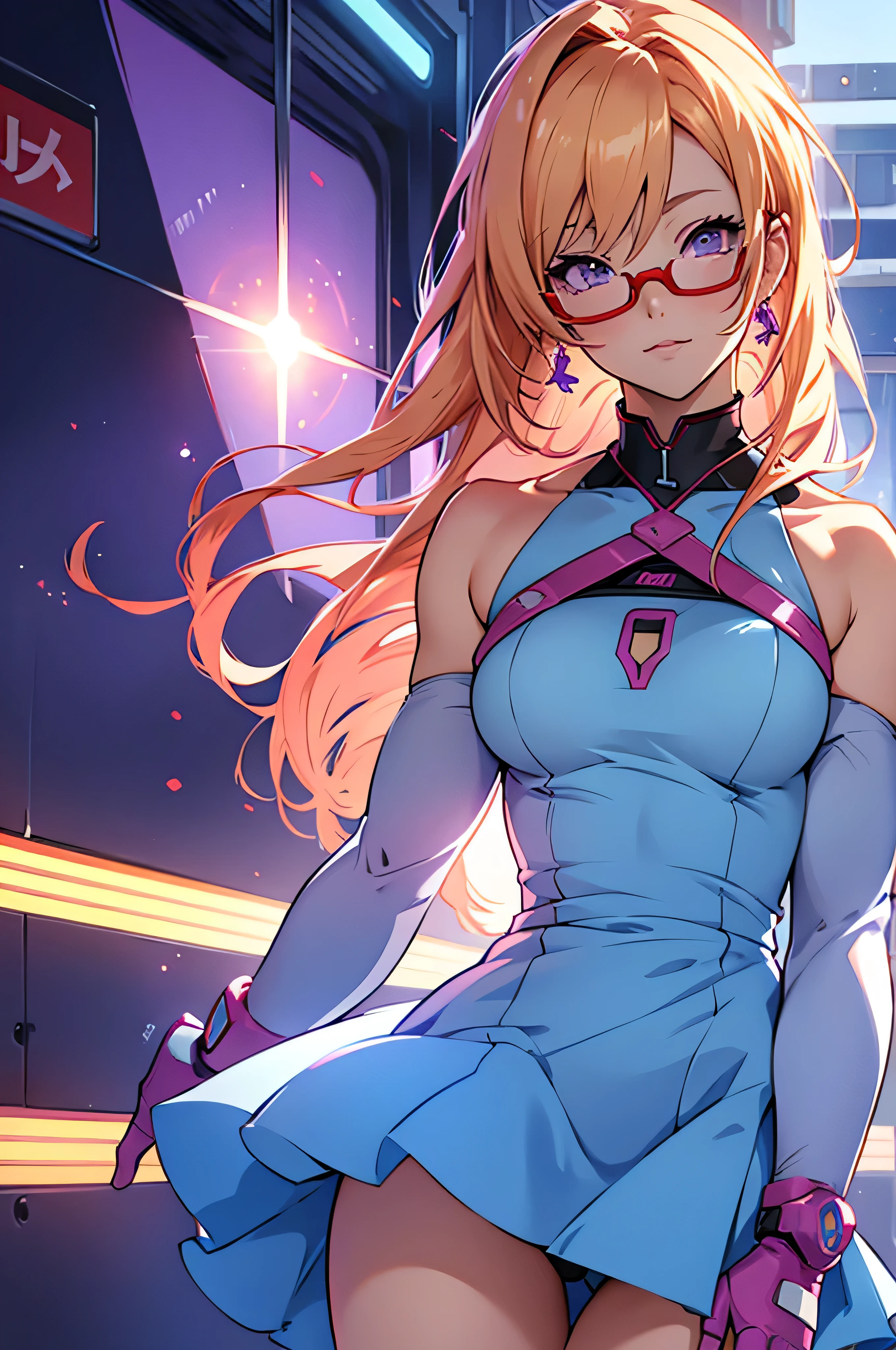anime,An illustration,purple robot,Mobile Suit,Dom,Light blue check dress,Red glasses,Blonde,Light blue mesh hair,beautiful girl,Sora Sakurano,one person