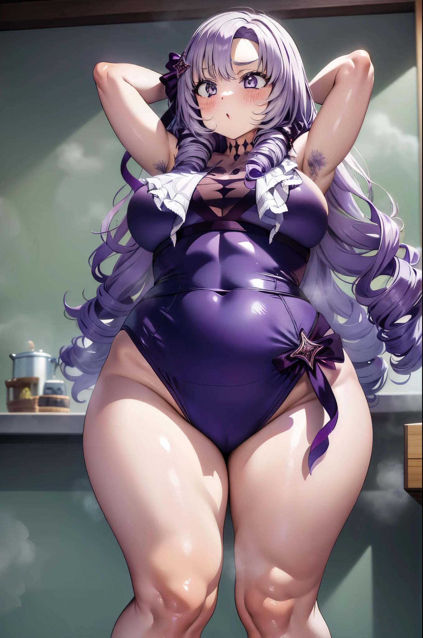 A girl wearing a one-piece swimsuit((From below)), Curvaceous loot, Purple Hair,Purple Eyes,Muscular!!,Blushed,steam,Sweat,Steam coming from the body,BIG Boned,Large swollen areola visible through clothes,Show your armpits,sleeveless,In the pool,leotard,Chubby,Spread your legs,I have a tattoo on my neck,Cowboy Shot,squatted