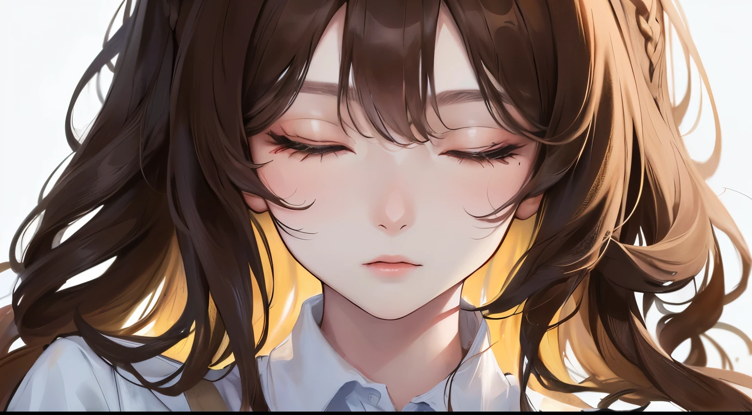 (((Half-close your eyes)))、(((1 personの少女)))、((1 person)),Masterpiece,best quality, ((Expressionless))), ,((White shirt))、((Pale milky background))、determined expression, Upper body diagram、 (Highest Resolution、Clear_image)、Best Quality、Light and shadow contrast、((illumination))、Very detailed、Semi-realistic、Braided hairstyle、Brown Hair、bangs、19 years old、 Lady,,young、((View from top))、Delicate Facial Features