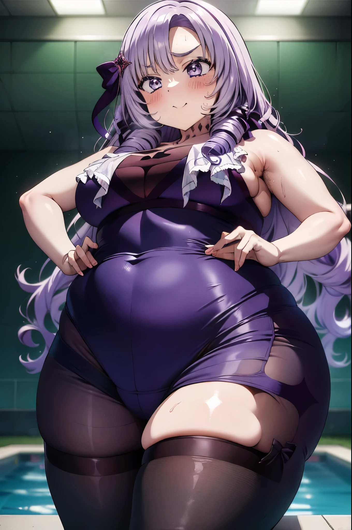 A girl wearing a one-piece swimsuit((From below)), Curvaceous loot, Purple Hair,Purple Eyes,Muscular!!,Blushed,steam,Sweat,Steam coming from the body,BIG Boned,Large swollen areola visible through clothes,Show your armpits,sleeveless,In the pool,leotard,Chubby,Spread your legs,I have a tattoo on my neck,Cowboy Shot,squatted