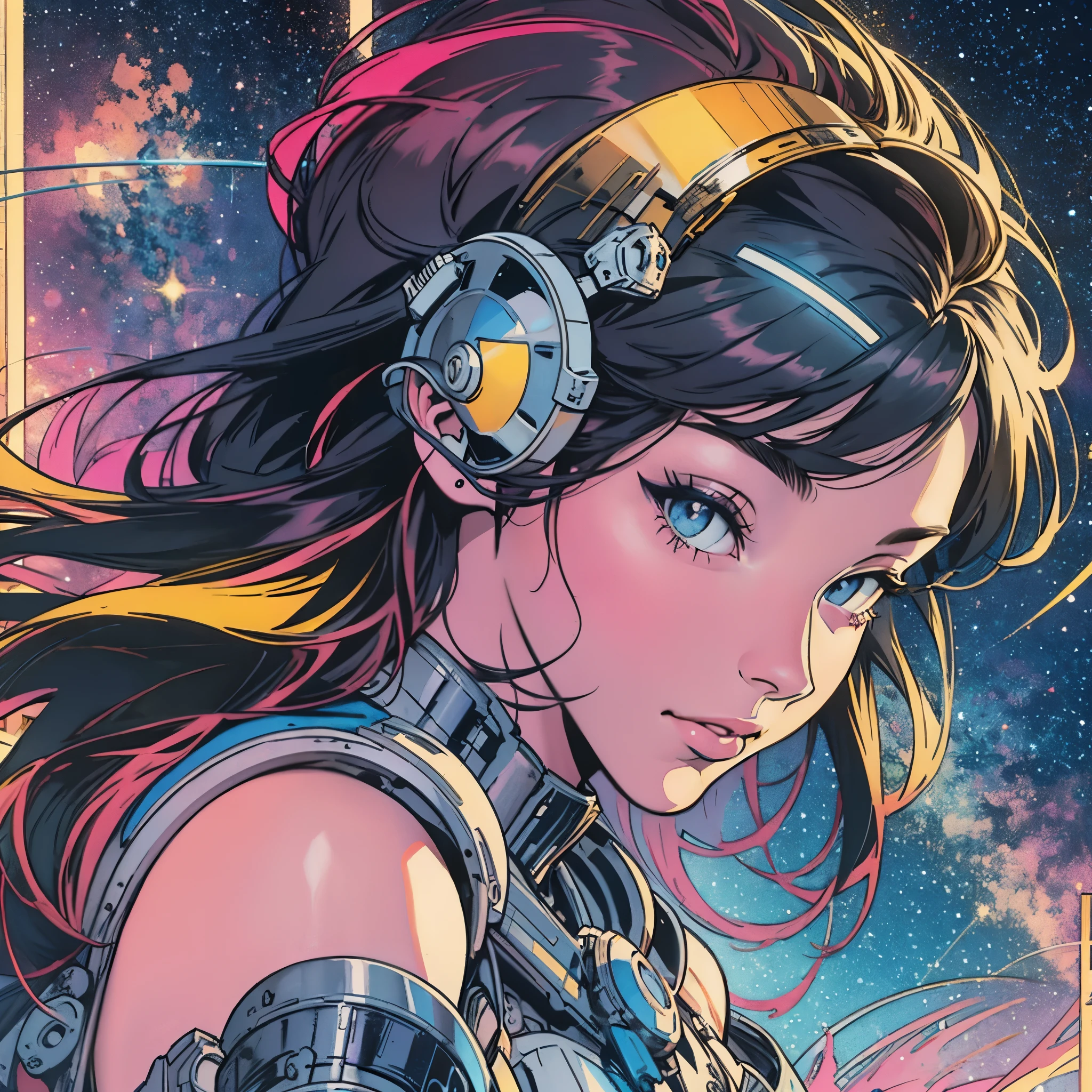 ultimate best quality,beautiful woman,speech bubble,big brest,60s,70s,80s,colorful,various angle,beautiful starry sky,(((machinemodel))),galaxy,