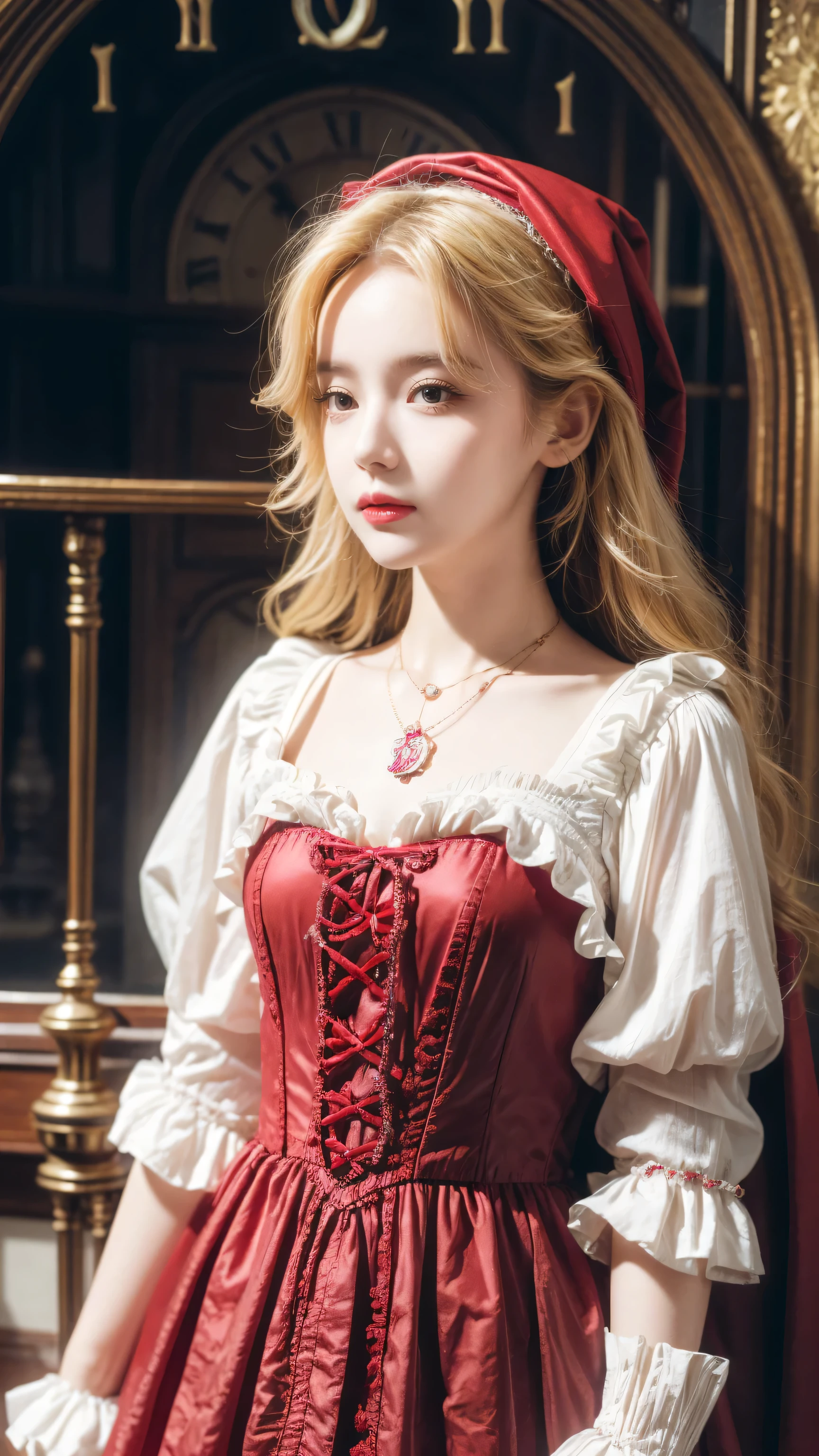 close up, Straight blonde short curly child girl little red riding hood, clock on necklace, (Victorian Era), ((Vaporpunk)), photography, worked, elegant, meticulous, Gorgeous, Maximum details, extreme aesthetics, Complex details, many gears, Old town background
