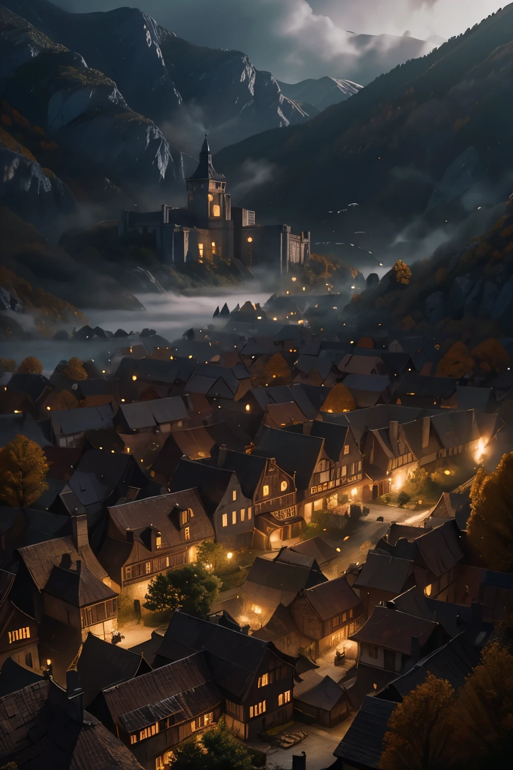 the thick of the forest, late autumn forest, fallen leaves, are trees, fog, red leaves, cloudy day, an old mansion made of white stone, with brown shutters, high quality photorealistic image, 8K, high detail, perfect precision, perfect composition, Elegant and charming, realistic style, gray colors, shadows, clear details, HD quality, higher lighting style,