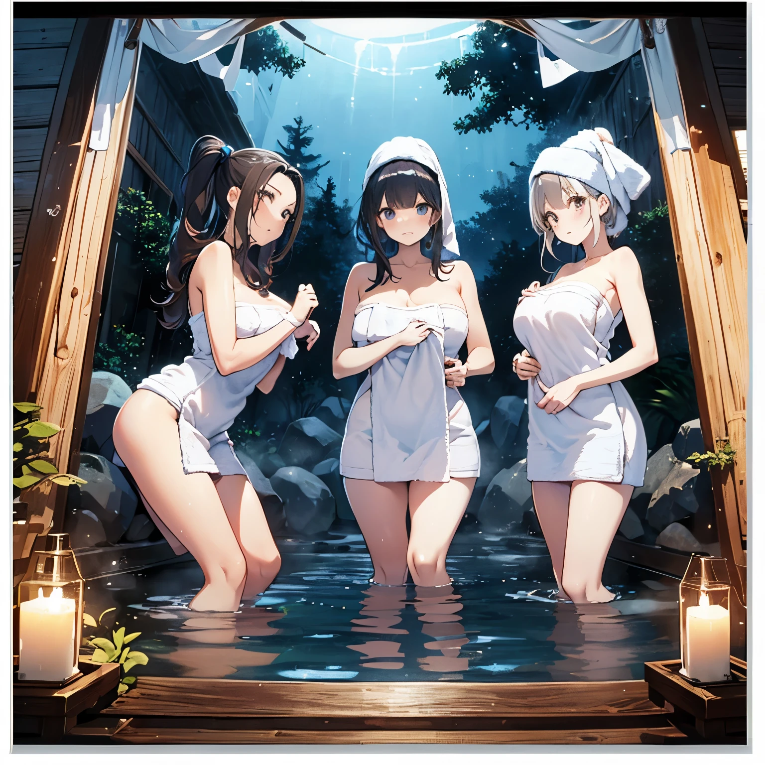 A group of women set in a medieval fantasy world、Dragon Quest、 (At the hot spring:1.5), Mr.々Hair style, Harem, night, Detailed aspect, Seduce, ((Transparent towel:1.5))、Huge Breasts、Big Ass、wide waist width、The nipples are erect、Crouch