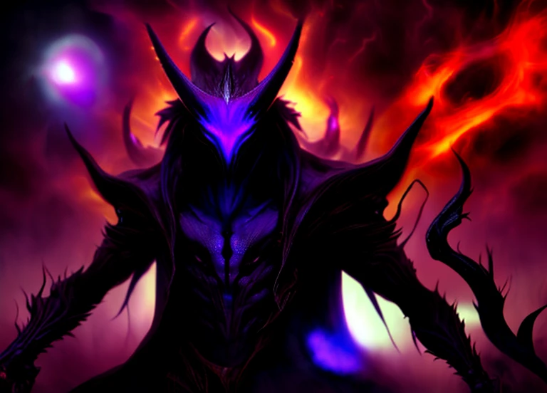 An all-purple humanoid monster, Each hand has its own type of weapon:swords ,Fire whips,Sabers , The monster is dressed in a black cloak, Two full-length legs, naked inflated torso, He has big evil eyes on his face, sharp teeth, through which blood flows,A smirk on his face, humanoid ,There is one purple horn on the right. The background is fiery,volcanic, HD, Rich, bright colours