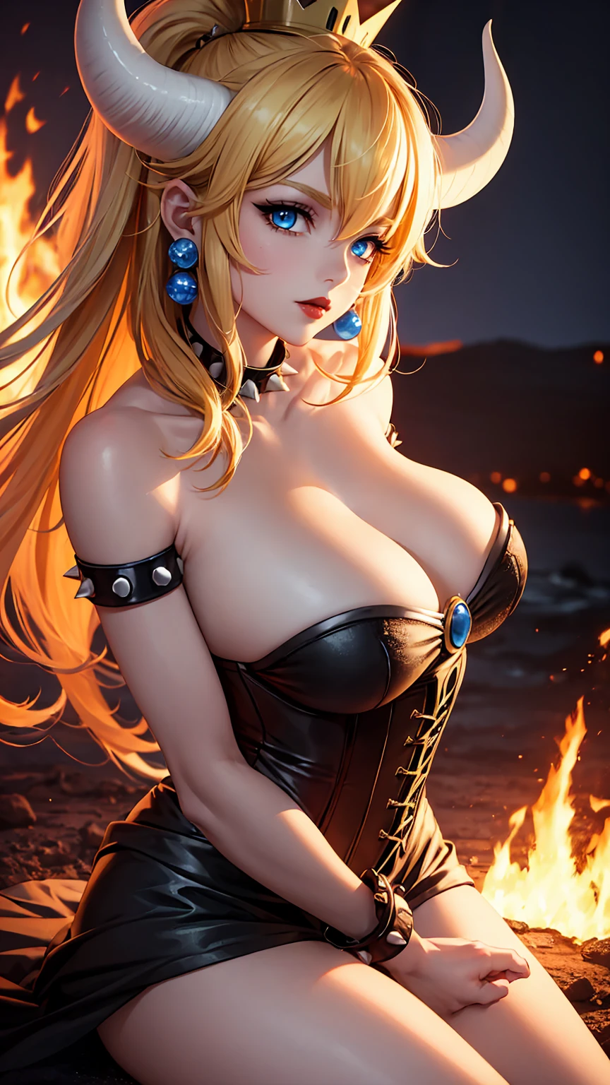 ((high detailed, best quality, 4k, masterpiece, hd:1.3)), ((best quality)), (((HD))), (((8k))), (ultraDH), (ultra HD), Princess Daisy, blue eyes, BREAK blue eyes, seductive, attractive, smooth anime cg art, 36C breasts, long legs, vivid colors, detailed digital art, slim body, perfect skin, dark blonde hair, long hair, blonde hair, blonde hair, BREAK crown, cleavage, 36C cleavage, looking at viewer, BREAK looking at viewer, extremely detailed face, red santa suit, red santa claus suit, santa claus suit, earrings, gem, dark black makeup lips, dark gothic eyeshadows, dark eyeshadows, black eyeshadows, black sexy lips, black lips, (dark:1.2), dark lips, very dark lips, (perfect hands, perfect anatomy), black makeup, black medium lips, black thick lips, detailed fingers, five fingers per hand, 5 fingers, (1 girl), detailed lips, detailed black lips, black painted lips, gothic painted lips, BREAK night, night sky, (breast focus), (arms outstreched:1.2), (from above:1.1), (breasts out:1.3), (off shoulder:1.1), (white horns), (corset), inside a lava castle, she inside a sea of lava, she bathing in lava,