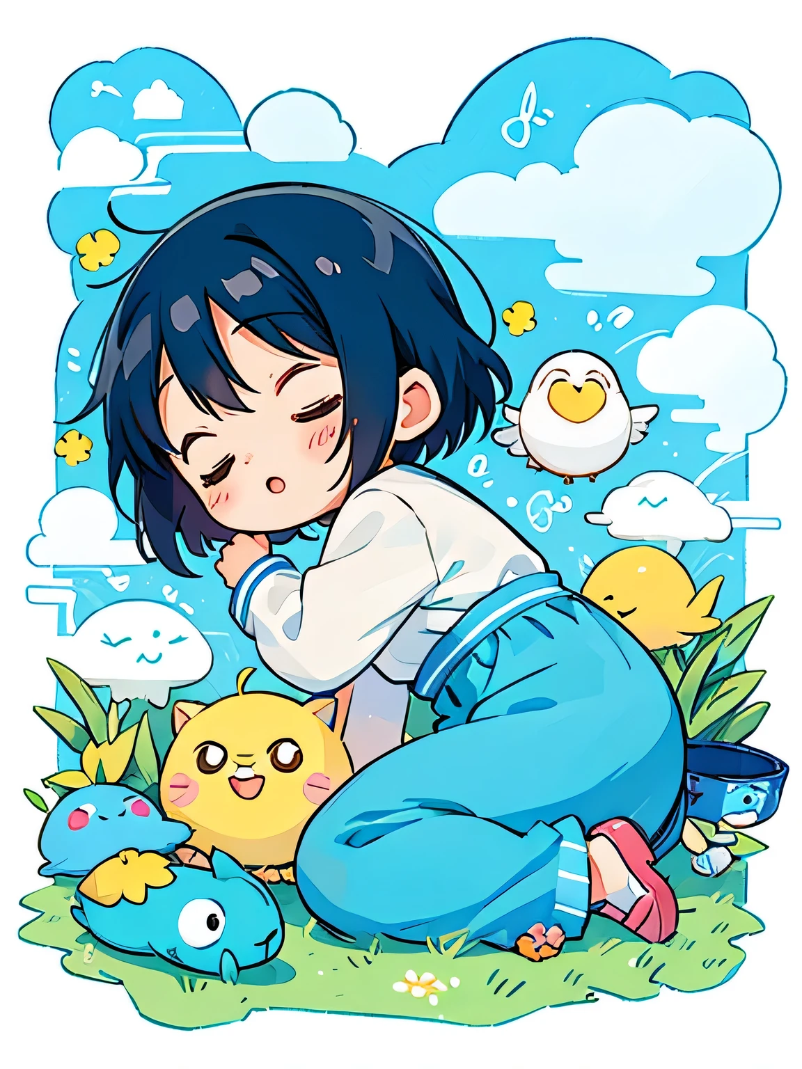 Fujio Akatsuka Style, Kawaii Design, most beautiful girl ever、Chibi, birdie、nap、on the cloud
