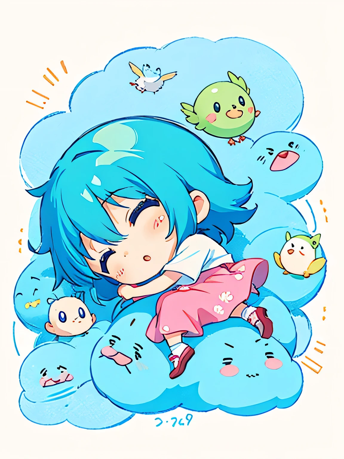 Fujio Akatsuka Style, Kawaii Design, most beautiful girl ever、Chibi, birdie、nap、on the cloud