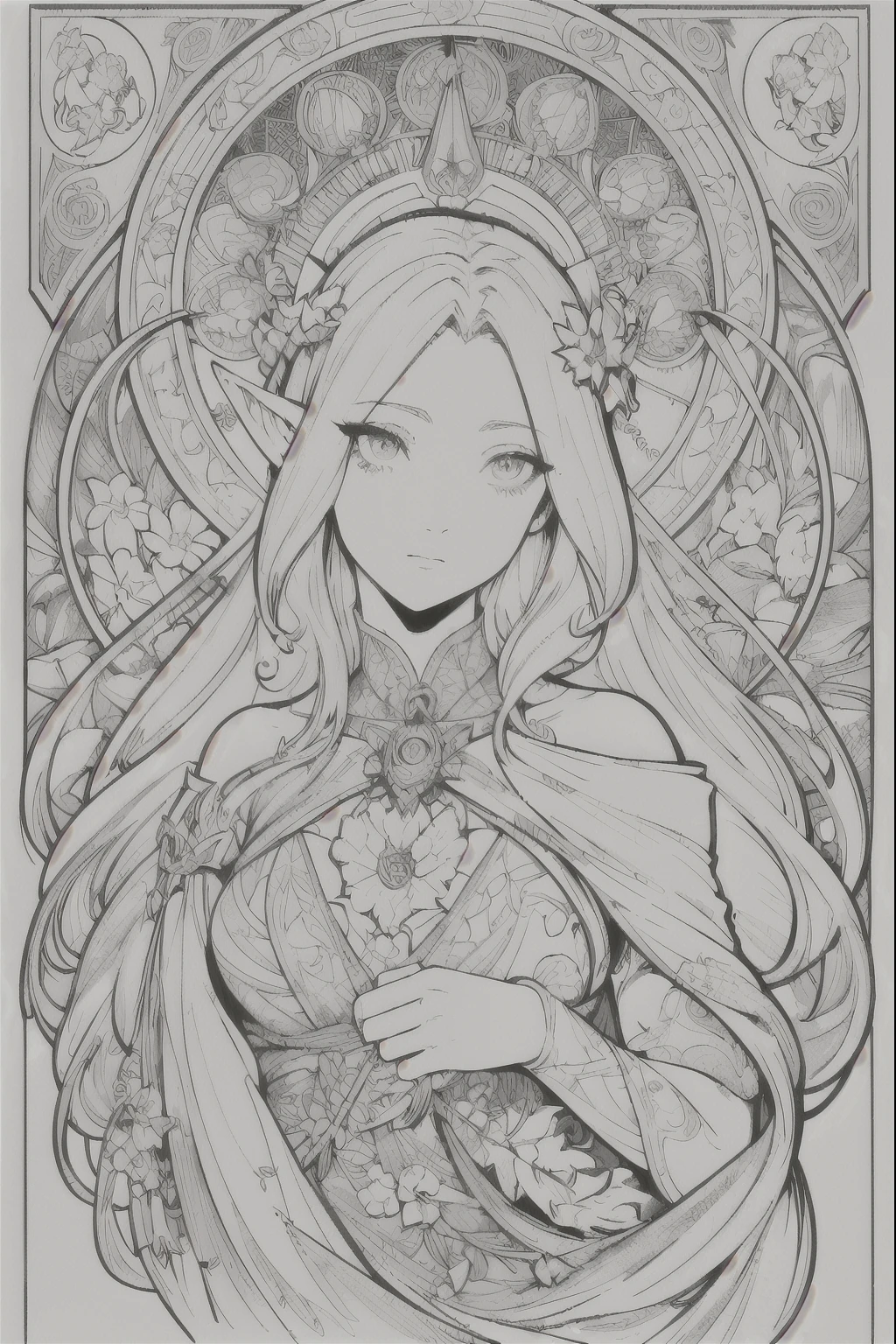 Tarot Cards, 1 Elf girl,Portrait of the face of a European elf,Shapeless long hair, Shiny skin, Detailed face, Wearing patterned robes, Sumeru,cloud, moon,((Tarot Cardsのレイアウト)),highest quality, masterpiece, (Realistic:0.6), Realistic lighting,Floral frame, Decorative panel, Abstract art, (Alphonse Mucha) (masterpiece, highest quality, 8k, Very detailed, Intricate details, 4K,Cerulean, Line art, Fibonacci.