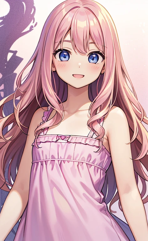 (masterpiece:1.4、top-quality、illustration:,realistic、)、(character focus、,upper body:1.3)、(1girl),(happy smile:1.3),(cute),cute face,blue eyes、(:1.3)、
,(stand:1.4),(pink blonde hair),
,(slender),(loose dress:1.3),
(wavy hair:1.3), (flat chest:1.3)、
、slender、