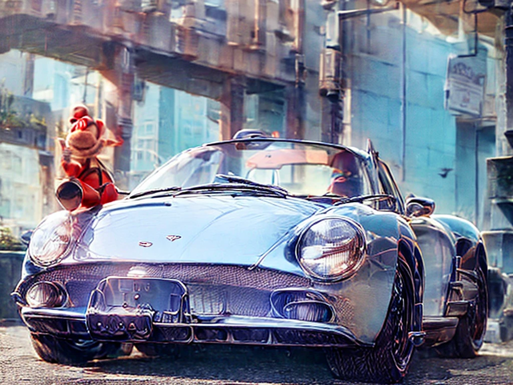 Porsche 911,Super Mario sitting in an environment,toy car,Super Mario character,vibrant colors,3D rendering,detailed car design,dynamic pose,sunny daylight,green scenic backdrop,vivid blue sky,toy-like appearance,fine craftsmanship,highly detailed car body,authentic textures,realistic Mario's expression,joyful atmosphere,iconic character sedan,open-air concept,tiny Mario figurine,fun and playful concept,Mario's signature hat and overalls,pixelated background,sharp focus,game-inspired vibes.