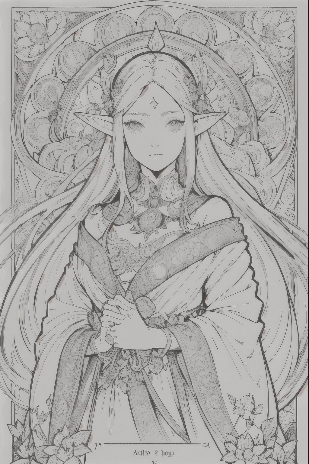 Tarot Cards, 1 Elf girl,Portrait of the face of a European elf,Shapeless long hair, Shiny skin, Detailed face, Wearing patterned robes, Sumeru,cloud, moon,((Tarot Cardsのレイアウト)),highest quality, masterpiece, (Realistic:0.6), Realistic lighting,Floral frame, Decorative panel, Abstract art, (Alphonse Mucha) (masterpiece, highest quality, 8k, Very detailed, Intricate details, 4K,Cerulean, Line art, Fibonacci.