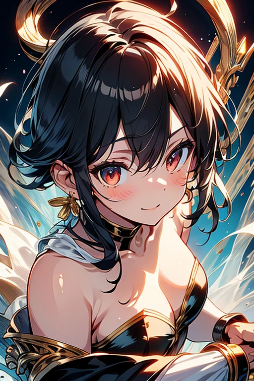 yor briar, anime style beutiful woman, 1girl, happy, smile, with sparkling eyes and a contagious smile:1.1),looking at viewer,red face, closed mouth, beautiful detailed eyes, super detailed skin, backlighting, bare shoulders, black background, black dress, black gloves, black hair, breasts, dress, earrings, fingerless gloves, floating hair, floral print, flower, gloves, gold earrings, gold hairband, hair flower, hair ornament, hairband, holding, holding weapon, jewelry, large breasts, long hair, looking at viewer, off-shoulder dress, off shoulder,red eyes, short hair with long locks, sidelocks, solo, spikes, thighs, two-sided dress, two-sided fabric, weapon, fighting stance , face, close up, from above, highest quality, high resolution.