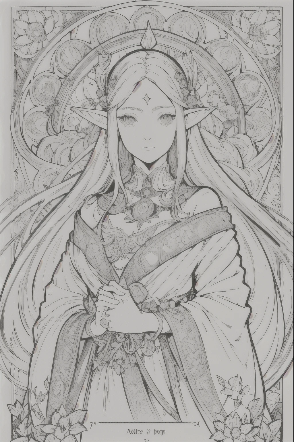 Tarot Cards, 1 Elf girl,Portrait of the face of a European elf,Shapeless long hair, Shiny skin, Detailed face, Wearing patterned robes, Sumeru,cloud, moon,((Tarot Cardsのレイアウト)),highest quality, masterpiece, (Realistic:0.6), Realistic lighting,Floral frame, Decorative panel, Abstract art, (Alphonse Mucha) (masterpiece, highest quality, 8k, Very detailed, Intricate details, 4K,Cerulean, Line art, Fibonacci.