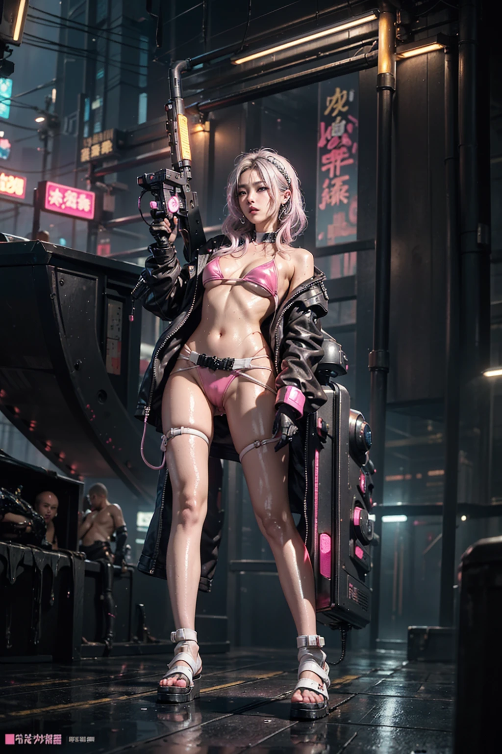 highest quality、surreal、perfect anatomy、Wet and shiny white skin、model body shape、Sweat dripping all over the body、Super small face、Ahegao、Cleavage、Cyberpunk City、Monotone urban tech wear、Pink, black, silver and golden hair、machine gun、Micro Bikini、Neon lights、
