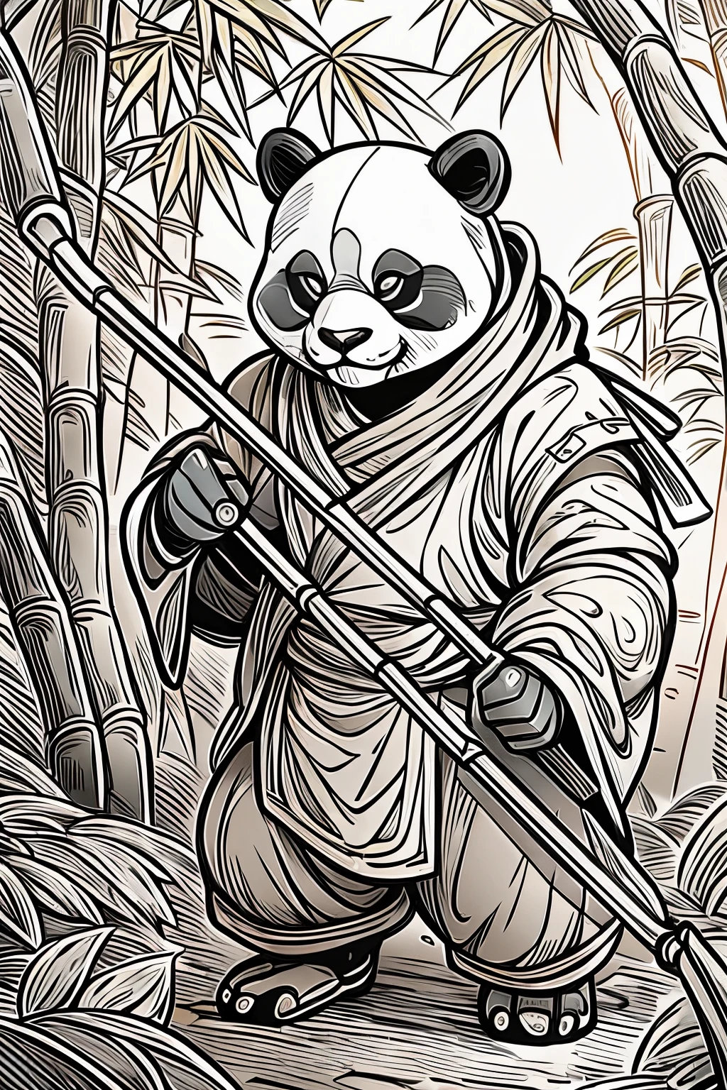 Masterpiece, coloring-book, lineart, perfect lineart, comic style, ninja panda holding bamboo staff