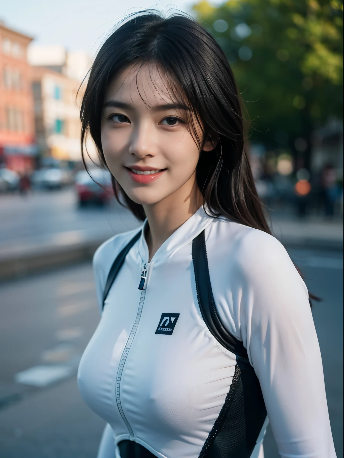 (RAW Photography:1.2)、top-quality、white, a beautiful detailed girl、tight water suit、latex wet suit, a smile、Twin-tailed、extremely detailed eye and face、beatiful detailed eyes、huge filesize、hight resolution、hight resolution、8k wallpapenely detail、Highly detailed ticker uniform 8k wallpaper、Light on the face、movie lighting、-yeld gisexy  pose、(photorealisim:1.4)、illustratio、surrealism、 frombelow、super detailing、​masterpiece