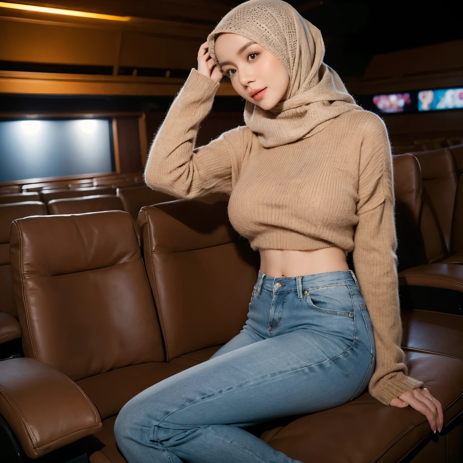 1 lady, wearing a brown colour sweater, wearing a long jeans, sitting in a cinema, (wearing a peach hijab), hijab covers her whole hair,(huge breast 1.6), sweet, thin waist, half body selfie shot, casual pose, (dark background)