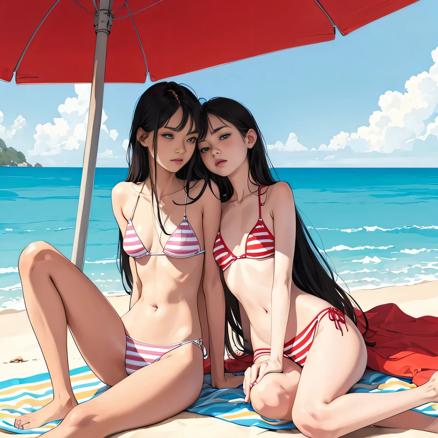 superflat, flat colors, 2girls, 19yo, slim, (small breast), (front view:1.3). long hair, two girls on a beach, sitting on the blanket, wearing striped bikini, (close up shot:1.1), young and slender, full color illustration, comics style art, watercolor