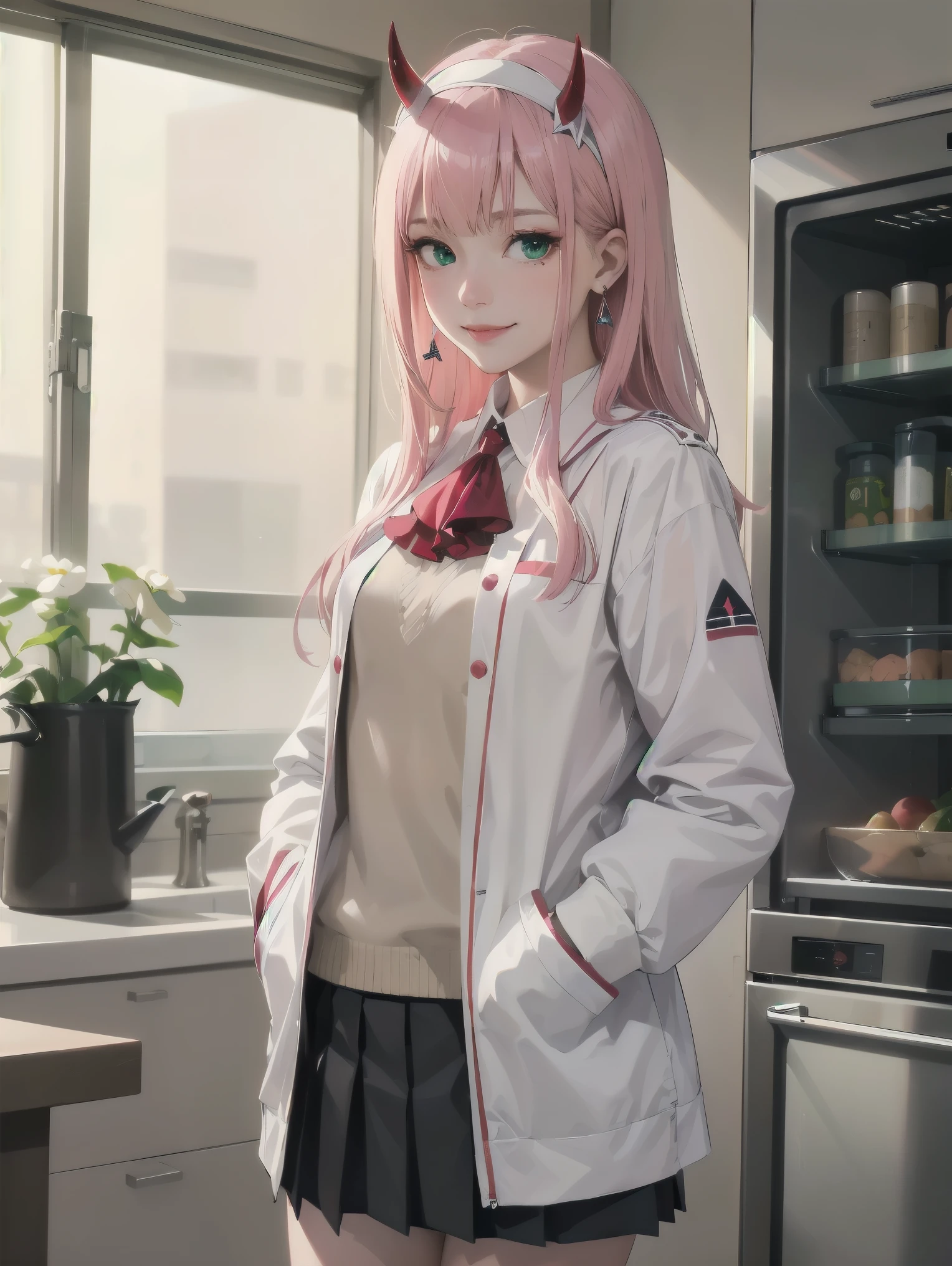 jewelry, skirt, solo, pleated_skirt, earrings, mole, bracelet, black_skirt, black_hair, necklace, hands_in_pockets, zero two \(darling in the franxx\), darling in the franxx, 1girl, ascot, bangs, green eyes, hairband, horns, long hair, long sleeves, looking at viewer, oni horns, pink hair, red horns, smile, solo, standing, uniform, white hairband, ((masterpiece)) masterpiece, highres, (masterpiece:1.2), realistic, blurry background, looking at viewer, skin tight, best quality Bedroom, An open refrigerator, Cans, depth of field, blurry