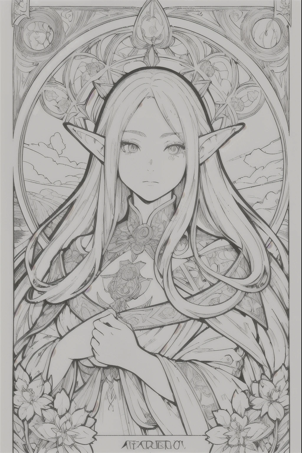 Tarot Cards, 1 Elf girl,Portrait of the face of a European elf,Shapeless long hair, Shiny skin, Detailed face, Wearing patterned robes, Sumeru,cloud, moon,((Tarot Cardsのレイアウト)),highest quality, masterpiece, (Realistic:0.6), Realistic lighting,Floral frame, Decorative panel, Abstract art, (Alphonse Mucha) (masterpiece, highest quality, 8k, Very detailed, Intricate details, 4K,Cerulean, Line art, Fibonacci.
