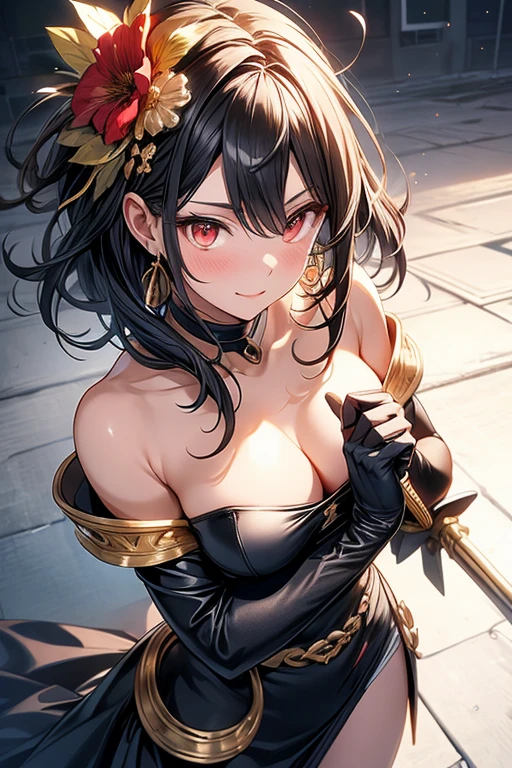 yor briar, anime style beutiful woman, 1girl, happy, smile, with sparkling eyes and a contagious smile:1.1),looking at viewer,red face, closed mouth, beautiful detailed eyes, super detailed skin, backlighting, bare shoulders, black background, black dress, black gloves, black hair, breasts, dress, earrings, fingerless gloves, floating hair, floral print, flower, gloves, gold earrings, gold hairband, hair flower, hair ornament, hairband, holding, holding weapon, jewelry, large breasts, long hair, looking at viewer, off-shoulder dress, off shoulder,red eyes, short hair with long locks, sidelocks, solo, spikes, thighs, two-sided dress, two-sided fabric, weapon, fighting stance , face, close up, from above, highest quality, high resolution.