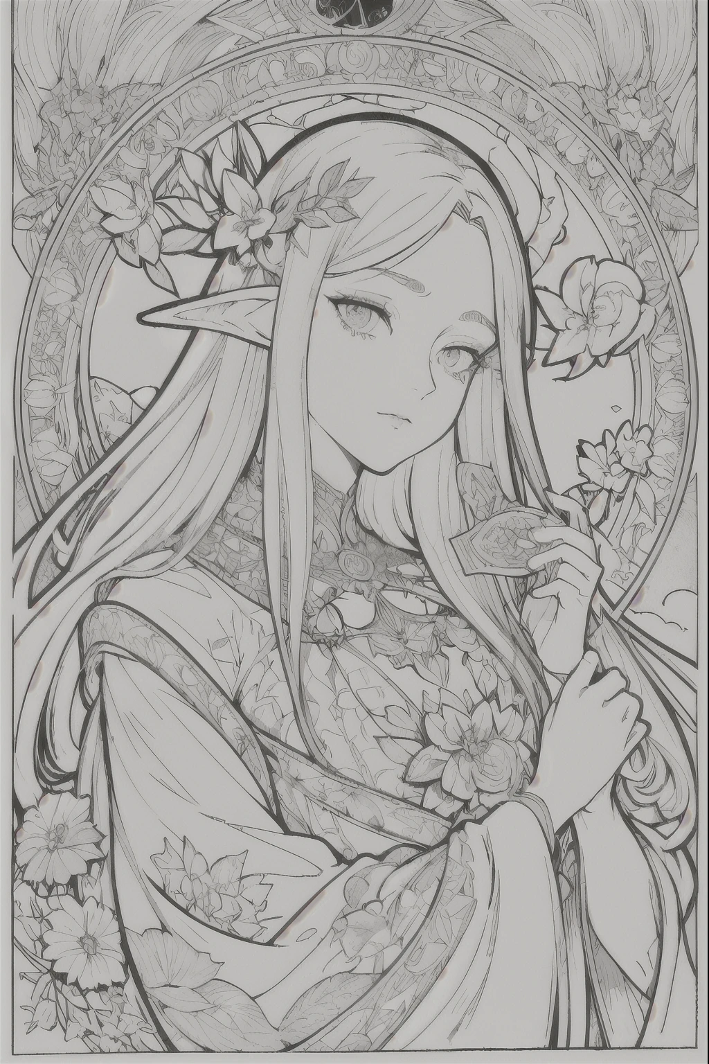 Tarot Cards, 1 Elf girl,Portrait of the face of a European elf,Shapeless long hair, Shiny skin, Detailed face, Wearing patterned robes, Sumeru,cloud, moon,((Tarot Cardsのレイアウト)),highest quality, masterpiece, (Realistic:0.6), Realistic lighting,Floral frame, Decorative panel, Abstract art, (Alphonse Mucha) (masterpiece, highest quality, 8k, Very detailed, Intricate details, 4K,Cerulean, Line art, Fibonacci.
