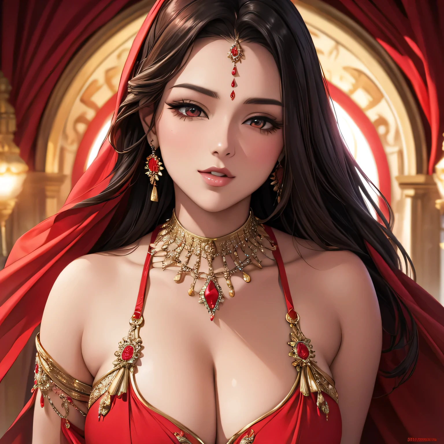 Amazing portrait of a sexy woman dazzling in a stunning red saree