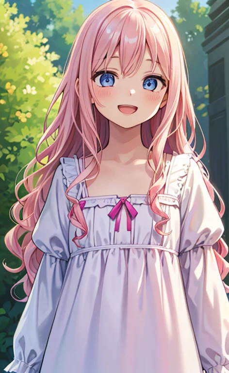 (masterpiece:1.4、top-quality、illustration:,realistic、)、(character focus、,upper body:1.3)、(1girl),(Open mouth happy smile:1.3),(cute),cute face,blue eyes、(:1.3)、
,(stand:1.4),(pink blonde hair),
,(slender),(loose dress:1.3),
(wavy hair:1.3), (flat chest:1.3)、
、slender、